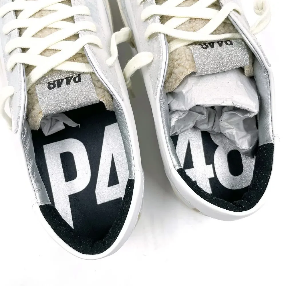 P448‎ John Lama Sneaker White Silver Lace Up Low Top Leather Sz 41 / 10.5